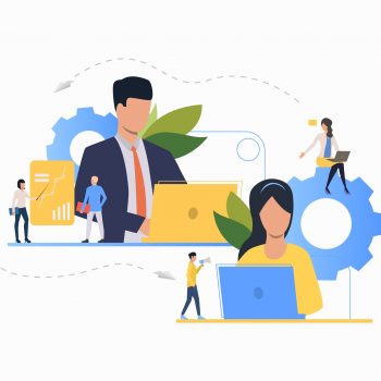 Communication flat icon. Department leaders, laptop, presentation, gear. Teamwork concept. Can be used for topics like leadership, unit, business, analysis